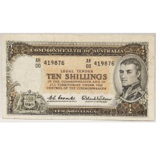 AUSTRALIA 1961 . TEN 10 SHILLINGS BANKNOTE . COOMBS/WILSON . FIRST PREFIX AH00